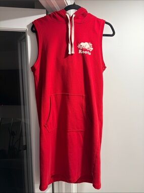 Roots Red Sleeveless Hoodie Dress with White Drawstrings and Logo